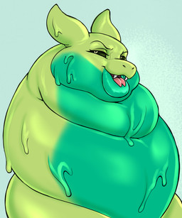 chubby_cheeks dripping expansion fangs fat_face fat_rolls forked_tongue green_body melting overweight slime teeth tongue goo_creature 5:6 absurd_res hi_res