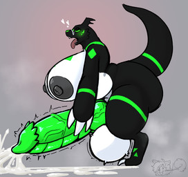 anthro areola balls big_areola big_balls big_breasts big_penis black_areola black_body bodily_fluids breasts cum curvy_figure ejaculation erection excessive_cum excessive_genital_fluids genital_fluids genitals green_markings gynomorph heart_symbol huge_balls huge_breasts huge_penis hyper hyper_balls hyper_breasts hyper_genitalia hyper_penis intersex knot markings masturbation multicolored_body nipples nude penis side_view slightly_chubby solo thick_thighs tongue tongue_out voluptuous white_balls white_breasts commanderthings bandai_namco digimon digimon_(species) guilmon hi_res