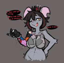 5_fingers anthro big_breasts black_hair breasts brown_eyes buckteeth conjoined_speech_bubble dialogue eyebrows female fingers front_view fur grey_background grey_body grey_fur hair heart_after_text looking_at_viewer navel notched_ear nude one_eye_closed pink_nose pose prosthetic prosthetic_arm prosthetic_limb sewing_needle simple_background solo speech_bubble standing talking_to_viewer teeth text thread tongue mewgle stitch_(mewgle) animate_inanimate hybrid mammal mouse murid murine rodent 2025 colored digital_drawing_(artwork) digital_media_(artwork) english_text