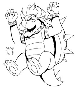 3_toes 4_fingers anthro armband biped collar eyebrows feet fingers half-closed_eyes horn male narrowed_eyes open_mouth overweight overweight_anthro overweight_male sharp_teeth solo spiked_armband spiked_collar spiked_tail spikes spikes_(anatomy) tail teeth toes skyelegs mario_bros nintendo bowser koopa scalie 2015 dated hi_res monochrome signature