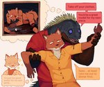 amputation anthro back_to_the_dawn blood bodily_fluids canid canine clothing dialogue duo dusty_(artist) english_text eye_gouge eyes_closed fox gore hi_res iguana iguanid lizard male male/male mammal pickman_(bttd) prison_uniform reptile scalie scar sparkles text thomas_(bttd)