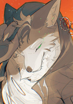 anthro black_clothing black_hoodie black_topwear brown_body brown_fur brown_hair claws clothed clothed_anthro clothed_male clothing dreamcatcher ear_piercing eyebrows finger_claws fur green_eyes hair high-angle_view hoodie inner_ear_fluff looking_at_viewer male mouth_closed orange_background pawpads piercing shirt simple_background solo topwear tuft white_clothing white_eyebrows white_sclera white_shirt white_topwear chiayeeee canid canine canis mammal wolf 2024 chromatic_aberration digital_drawing_(artwork) digital_media_(artwork) half-length_portrait portrait