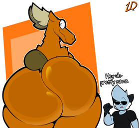 anthro antlers big_butt blue_body breasts brown_body brown_fur butt clothed clothed_anthro clothing cosplay duo eyewear female female_anthro floating_eyebrows fur glistening glistening_butt horn huge_butt looking_at_viewer looking_back male mismatched_sexual_dimorphism nude nude_anthro nude_female open_mouth orange_body orange_fur simple_background small_tail smile sunglasses tail tan_antlers text thick_thighs white_background wide_hips lewdewott cartoon_network johnny_bravo_(series) nintendo pokemon becky_(johnny_bravo) dew_(lewdewott) johnny_bravo deer dewott generation_5_pokemon mammal moose mustelid new_world_deer otter pokemon_(species) 2025 crossover digital_drawing_(artwork) digital_media_(artwork) english_text hi_res