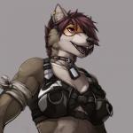 anthro armor bandage black_nose bra breasts cleavage clothed clothing collar dog_tags ear_piercing eyewear female fur grey_body grey_fur hair halo inner_ear_fluff looking_away open_mouth piercing pink_eyes simple_background smile solo straps teeth tongue tuft underwear black-kalak rinkai valeria_(dragonhenge) canid canine canis mammal wolf 1:1 2015