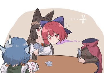 accessory black_clothing black_shirt black_topwear blue_hair bow_ribbon breasts brown_hair card cheat cloak clothing clubs_(suit) diamonds_(suit) ear_fins female fin floating_head furniture green_clothing group hair hair_accessory hair_bow hair_ribbon hearts_(suit) holding_card holding_object holding_playing_card playing_card red_cloak red_clothing red_eyes red_hair ribbons shirt spades_(suit) suit_symbol table topwear trio white_clothing shiratsuki_shiori european_mythology irish_mythology mythology touhou kagerou_imaizumi sekibanki wakasagihime animal_humanoid aquatic aquatic_humanoid canid canid_humanoid canine canine_humanoid dullahan humanoid mammal mammal_humanoid wolf_humanoid hi_res