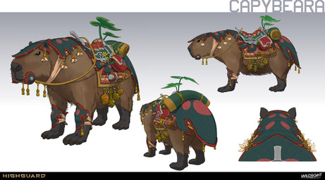 4_toes ambiguous_feral ambiguous_gender armor beady_eyes black_eyes black_nose bottle brown_body brown_fur clothing company_name container feet feral flower fur gradient_background greaves green_blanket green_clothing green_headwear headgear headwear light mouth_closed multicolored_body multicolored_fur plant quadruped reins saddle saddle_bag simple_background solo standing text toes turnaround yellow_flower nicholas_patrick_kelana highguard_(game) bear capybeara_(highguard) caviid mammal rodent ursine 2026 absurd_res colored concept_art digital_drawing_(artwork) digital_media_(artwork) english_description english_text hi_res lighting official_art shaded