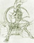 chair digitigrade female furniture heel_claw long_tail multi_arm multi_limb open_mouth sitting solo tail throne wide_hips ecmajor alien_(franchise) alien_queen alien kaiju xenomorph xenomorph_queen 2015 hi_res monochrome traditional_media_(artwork) unfinished