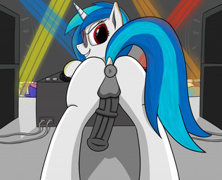 anus blue_hair crowd erection eyewear feral fur genitals glasses group gynomorph hair horn intersex looking_at_viewer nightclub penis presenting red_eyes stage teasing white_body white_fur foxkai friendship_is_magic hasbro my_little_pony mythology vinyl_scratch_(mlp) equid equine horse mammal mythological_creature mythological_equine pony unicorn