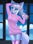 anthro black_sclera blue_eyes camel_toe clothed clothing cloud female panties pink_clothing solo tail tongue tongue_out underwear water white_tail coc0ro alice_destiny canid canine fox mammal absurd_res hi_res