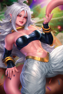5_fingers abs armwear black_sclera breasts clothing colored_nails ear_piercing ear_ring female fingers hair humanoid_pointy_ears long_hair looking_at_viewer nails navel open_mouth piercing pink_body pink_skin pointy_ears red_eyes ring_piercing solo teeth tongue topwear tube_top white_hair neoartcore dragon_ball dragon_ball_fighterz android_21 majin_android_21 alien alien_humanoid humanoid majin signature