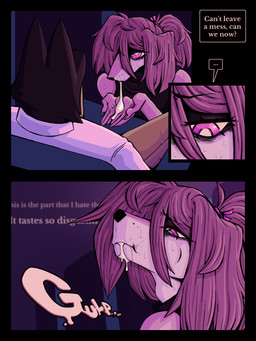anthro bodily_fluids clothed clothing cum cum_dripping_from_mouth cum_in_mouth cum_inside cupped_hands dialogue disgust drinking drinking_cum female fur genital_fluids hair homeless inner_monologue male male/female ponytail red_eyes sad text the_suit thinking ponporio homeless_dog the_suit_(ponporio) canid canine mammal 3:4 absurd_res comic english_text hi_res
