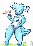 anthro beak blue_body blue_feathers clothing feathers female interrobang kemono panties shirt solo topwear twitter_logo underwear wunderhase twitter tweetfur avian bird 2019 absurd_res hi_res meme traditional_media_(artwork)