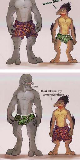 3_fingers 3_toes alternate_costume anthro arm_feathers arm_tuft athletic athletic_anthro athletic_male barefoot beak boxers_(clothing) boxers_only briefs briefs_only bulge clothed clothing clothing_swap detailed_bulge dewclaw dialogue digitigrade duo feather_hair feathered_crest feathers feet fingers genital_outline grey_body head_crest male mandibles muscular muscular_male penis_outline pseudo_hair scales scuted_hands scutes standing tan_body tan_scales text toes topless topless_anthro topless_male tuft underwear underwear_only yellow_eyes butteryluzt narse third-party_edit halo_(series) microsoft xbox_game_studios alien kig-yar sangheili scalie t'vaoan colored comic english_text hi_res