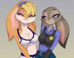 2018 anthro belt blonde_hair blue_eyes blush bottomwear bra breast_size_difference breasts clothed clothing crossover delki digital_media_(artwork) dipstick_ears disney duo ear_markings ears_down eyebrows eyelashes female female/female floppy_ears fur gradient_background grey_body grey_fur hair half-length_portrait hi_res inner_ear_fluff judy_hopps lagomorph leporid lola_bunny long_ears looney_tunes mammal multicolored_body multicolored_ears multicolored_fur pink_nose pivoted_ears police police_uniform portrait purple_eyes rabbit shirt short_hair shorts simple_background smile sports_bra topwear tuft two_tone_body two_tone_fur underwear uniform warner_brothers zootopia