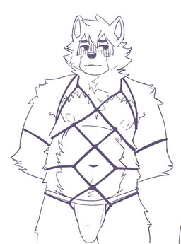 anthro bdsm blush blush_lines bondage bound bulge clothed clothing harness jockstrap jockstrap_only male nipples pointy_ears restraints rope rope_bondage solo topless underwear underwear_only minishadefox hybrid