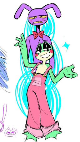 alternate_costume anthro blush bow_tie clothing_swap duo embarrassed female glistening_eyelids green_body implied_nudity long_ears male purple_body suspenders bizzcochito glitch_productions the_amazing_digital_circus jax_(tadc) ribbit_(tadc) amphibian frog lagomorph leporid mammal rabbit signature
