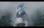 anthro black_bars blue_eyes clothed clothing day detailed_background fog grass horn male outside plant scales spines silvyr mythology dragon mythological_creature mythological_scalie scalie wingless_dragon 2023 digital_media_(artwork) hi_res