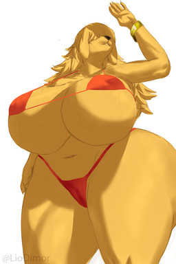 5_fingers anthro big_breasts bikini blonde_hair breasts camel_toe clothing female female_anthro fingers fur hair hair_over_eyes huge_breasts low-angle_view navel nipple_outline orange_bikini orange_clothing orange_swimwear simple_background solo swimwear thick_thighs two-piece_swimsuit white_background wide_hips yellow_body yellow_fur liodimor canid canine canis domestic_dog mammal 2026 2:3 absurd_res hi_res