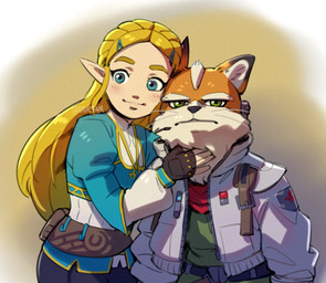 accessory anthro blonde_hair clothed clothing duo female fingerless_gloves gloves hair hair_accessory hairclip handwear jacket male petting rubbing_neck simple_background smile text topwear whiskers stupjam breath_of_the_wild nintendo star_fox star_fox_(2026) the_legend_of_zelda fox_mccloud princess_zelda canid canine fox human humanoid mammal 2026 artist_name watermark