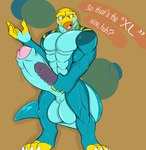 4_toes 5_fingers abs abstract_background anthro balls big_balls big_dildo big_muscles big_penis blue_body blue_scales bumped_dildo claws comparing comparing_penis dialogue dildo erection feet finger_claws fingers foreskin genitals green_eyes holding_dildo holding_object holding_sex_toy huge_balls huge_penis humanoid_genitalia humanoid_penis hyper hyper_genitalia hyper_penis light looking_at_viewer male markings motion_lines muscular muscular_anthro muscular_male nude_anthro nude_male orange_body orange_scales partially_retracted_foreskin pecs penis pink_tongue purple_dildo scales sex_toy spots spotted_body spotted_scales standing striped_body striped_scales stripes tail text thick_tail throbbing throbbing_penis toe_claws toes tongue yellow_body yellow_scales maverickk_(artist) monroe_lehner collared_lizard common_collared_lizard lizard reptile scalie 2021 cel_shading dialogue_in_description digital_drawing_(artwork) digital_media_(artwork) english_text hi_res lighting shaded