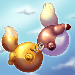 duo floating glistening glistening_body glistening_tail hyper hyper_inflation immobile inflation latex_body sky skyscape rawr_(artist) nintendo pokemon chapeon eevee generation_1_pokemon pokemon_(species) 2026 absurd_res dated hi_res signature