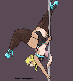 ankle_strap_heels anthro blonde_hair bulge clothed clothing crossdressing cutout_heels dancing femboy footwear freckles hair high_heels legwear male platform_footwear platform_heels pole pole_dancing pumps shoes simple_background solo stripper_pole tail_around_pole thick_thighs thigh_highs upside_down rainbowsprinklesart mammal mustelid otter absurd_res hi_res