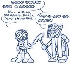 ambiguous_gender biped dialogue duo holding_object humor machine mask not_furry simple_background standing text veesjan bionicle lego matoro nuju humanoid matoran robot turaga blue_and_white comic digital_drawing_(artwork) digital_media_(artwork) english_text matoran_text monochrome sketch translated