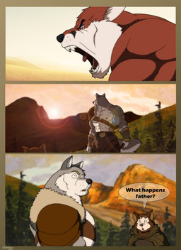 anthro big_muscles bodily_fluids bottomwear brown_body brown_fur clothing crying desert dialogue eyes_closed fangs forest fur grey_body grey_fur group huge_muscles male multicolored_body multicolored_fur muscular muscular_anthro muscular_male open_mouth pecs plant red_body red_fur sand shoulder_pads speech_bubble tears teeth text tree trio two_tone_body two_tone_fur weapon white_body white_fur xxsparcoxx anthony_caligula kraso_(xxsparcoxx) teofacio_larna canid canine canis fox mammal red_fox true_fox wolf 2019 comic digital_media_(artwork) english_text hi_res