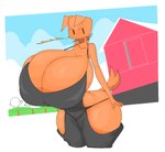 anthro barn big_breasts big_butt black_clothing breasts butt clothed clothing collarbone crotch_lines facial_tuft female fence fur hair huge_breasts huge_butt huge_thighs hyper hyper_breasts looking_at_viewer orange_body orange_fur orange_hair orange_tail overalls overalls_only ranch simple_background simple_coloring simple_eyes skimpy sky solo tail thick_thighs tuft vertical_bar_eyes wheat_in_mouth wide_hips 4four44 sig_(4four44) bovid canid canine caprine mammal sheep 2024 digital_media_(artwork)