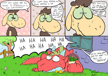 anthro bodily_fluids bouquet bow_tie brown_body close-up dialogue duo fence flower flower_bouquet four_frame_image holding_flower holding_object horn laugh male mane nervous nervous_smile nervous_sweat offscreen_character on_ground outside plant profanity red_body sky sweat text tree window daztoons mythology jago_(daztoons) shervin_(daztoons) bovid caprine dragon mammal mythological_creature mythological_scalie scalie sheep 2022 artist_name comic dated english_text hi_res