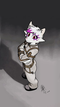 artist_kawasakiwind bondage_gear character_mikhail fur karpatsiy male restraint_device solo white_body white_fur canid canine fox mammal 9:16 hi_res