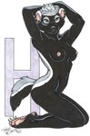 anthro black_body black_fur breasts butt claws ear_piercing ear_ring female fur grey_body grey_eyes grey_fur grey_hair hair hands_behind_head kneeling looking_at_viewer nipples nude pawpads piercing ring_piercing solo text white_body white_fur terrie_smith badger honey_badger mammal mustelid musteline 2025