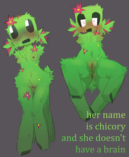anus arm_tuft blush blush_lines breasts chest_tuft clitoral_hood clitoris fangs female flower genitals green_body heart_eyes heart_symbol knee_tuft leg_tuft looking_away looking_down nipples petals pigtails plant pointy_breasts quadruped shoulder_tuft small_breasts solo tail tail_tuft teeth tuft vulva ghoulshoot microsoft minecraft mojang xbox_game_studios chicory_(ghoulshoot) creeper_(minecraft) elemental_creature flora_fauna humanoid
