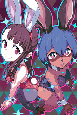 anthro bodysuit breasts bunny_costume butt clothing costume duo female hair long_hair short_hair skinsuit small_breasts tight_clothing ugandam_00 brand_new_animal little_witch_academia studio_trigger atsuko_kagari michiru_kagemori canid canine humanoid hybrid lagomorph leporid mammal rabbit raccoon_dog tanuki