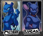 black_tail blue_body blue_eyes collar duo looking_at_viewer male open_mouth open_smile purple_eyes purple_tail smile tail text wings dark_nek0gami nintendo pokemon cadwing lucas_the_mewtwo generation_1_pokemon legendary_pokemon mewtwo pokemon_(species) 2014 english_text