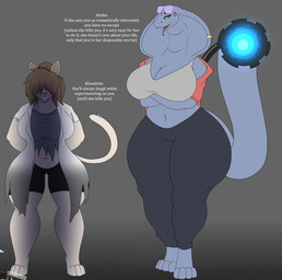 anthro big_breasts bindi black_sclera blue_body blue_eyes breasts clothing crossed_arms curvy_figure duo ear_piercing ear_ring eyeshadow eyewear female glasses hair hair_over_eyes huge_hips huge_thighs looking_at_viewer makeup piercing ring_piercing simple_background slightly_chubby smile smiling_at_viewer text thick_thighs tongue tongue_out topwear torn_clothing wide_hips wound_on_face photolol.03 alisha_(photolol.03) klaudette_(photolol.03) cobra domestic_cat felid feline felis mammal reptile scalie snake english_text flat_colors hi_res