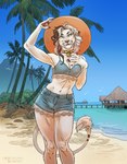5_fingers anthro athletic athletic_anthro athletic_female beach bell bell_collar bottomwear breasts building claws cleavage clothed clothing collar female finger_claws fingers flock_of_birds front_view fur hair hand_on_chest hat headgear headwear highlights_(coloring) holding_clothing holding_hat holding_headgear holding_headwear holding_object lace looking_at_viewer markings mountain nature nature_background outside palm_tree pawpads pier plant sand sea shorts sky solo sun_hat tail tail_markings tail_tuft topwear tree tuft water wearing_hat whisker_spots white_body white_fur yellow_eyes skitalets felid lion mammal pantherine 2025 digital_media_(artwork) hi_res portrait three-quarter_portrait watermark