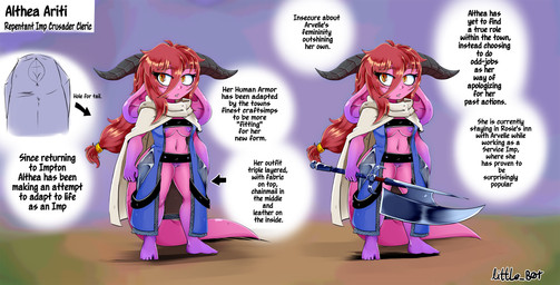 armor breasts cape clothing female floppy_ears genitals hair horn lop_ears melee_weapon pink_body pink_skin red_hair sharp_teeth shortstack solo tail teeth text vulva weapon little_b0t demon horned_humanoid humanoid imp absurd_res english_text hi_res
