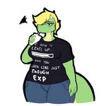 anthro blonde_hair bottomwear breasts clothed clothing container cup denim denim_bottomwear denim_clothing drinking drinking_straw female fully_clothed green_body green_scales hair horn jeans pants scales shirt solo text text_on_clothing text_on_shirt text_on_topwear topwear digitalpelican xp_shirt sasha_(digitalpelican) lizard reptile scalie 1:1 2023