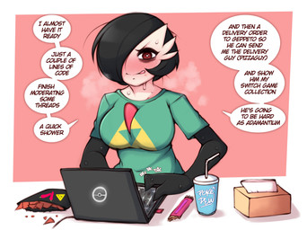 beverage black_hair blush bodily_fluids breasts chips_(food) clothing computer dialogue electronics female food green_clothing green_shirt green_topwear hair laptop not_furry red_eyes shirt solo speech_bubble sweat text topwear saltyxodium nintendo pokemon redditor_gardevoir gardevoir generation_3_pokemon pokemon_(species) 2022 absurd_res english_text hi_res