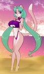 anthro beach big_breasts breasts clothed clothing eyebrow_through_hair eyebrows eyelashes feet female green_hair hair hands_above_breasts long_hair looking_at_viewer midriff navel purple_eyes seaside solo translucent translucent_hair twintails_(hairstyle) wristband scorpdk domestic_cat felid feline felis mammal 2023 absurd_res hi_res