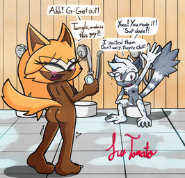 anthro areola bath bathhouse blush bodily_fluids breasts butt dialogue duo fangs female female_anthro genitals hair long_hair looking_at_viewer navel nipples nude open_mouth rear_view shower_head sitting soap_bar speech_bubble sweat sweatdrop tail teeth text tongue vulva sussytomato idw_publishing sega sonic_the_hedgehog_(comics) sonic_the_hedgehog_(idw) sonic_the_hedgehog_(series) tangle_the_lemur whisper_the_wolf canid canine canis lemur mammal primate ring-tailed_lemur strepsirrhine wolf english_text hi_res