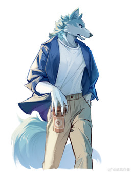anthro athletic athletic_anthro athletic_male beverage biped black_nose blue_body blue_clothing blue_eyes blue_fur blue_topwear bottomwear cheek_tuft clock clothed clothing coat coffee container cup facial_tuft fur holding_container holding_cup holding_object long_pants looking_away male multicolored_body multicolored_fur open_mouth pants shirt simple_background solo t-shirt tail tan_bottomwear tan_clothing tan_pants teeth topwear tuft two_tone_body two_tone_fur watch white_background white_body white_clothing white_fur dxmdwq764027 brand_new_animal studio_trigger shirou_ogami canid canine canis mammal wolf absurd_res hi_res