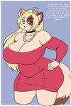 anthro breasts cleavage clothed clothing dialogue dress female hair solo text jwinkz felicia_(jwinkz) domestic_cat felid feline felis mammal english_text hi_res