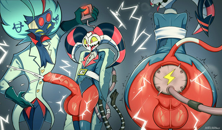 anthro balls big_balls big_penis biped bodily_fluids buttplug clothing cum cumshot duo ejaculation electronics electrostimulation erection genital_fluids genitals glans grey_body huge_balls huge_penis humanoid_genitalia humanoid_penis male multicolored_body multicolored_tail open_mouth penis plug_(sex_toy) raphe_(anatomy) red_body red_tail sex_toy tail teeth tongue vein veiny_penis white_tail markmanez hellaverse helluva_boss asmodeus_(helluva_boss) fizzarolli_(helluva_boss) avian bird humanoid imp absurd_res hi_res