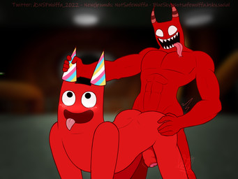 5_fingers abs all_fours black_eyes blush bouncing_butt bouncing_penis butt butt_grab clothing doggystyle duo fingers foreskin forked_tongue from_behind_position genitals glans hand_on_butt hat headgear headwear horn horn_grab humanoid_genitalia humanoid_penis male male/male muscular muscular_humanoid muscular_male no_pupils not_furry open_mouth party_hat penis pink_glans red_body red_horn red_penis selfcest sex sharp_teeth smile square_crossover standing striped_horn stripes teeth tongue tongue_out white_eyes notsafewolffa garten_of_banban banban_(garten_of_banban) hellish_banban_(garten_of_banban) clay_creature horned_humanoid humanoid monster 2025 4:3 hi_res