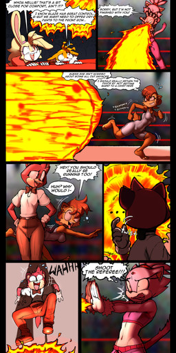 4_toes accessory anthro athletic athletic_female barefoot bodily_fluids bottomwear bow_tie clothing crop_top dialogue elemental_manipulation eyelashes feet female fighting_ring fire fire_manipulation forehead_gem gem grin hair_accessory hairband leotard male motion_lines pants paws pink_nose plantigrade running shirt smile speech_bubble stadium sweat sweatdrop sweatpants t-shirt text toes topwear himitsu justtaylor sega sonic_the_hedgehog_(series) the_murder_of_sonic_the_hedgehog barry_(sonic) blaze_the_cat bunnie_rabbot miles_prower sally_acorn canid canine chipmunk domestic_cat felid feline felis fox ground_squirrel lagomorph leporid macropod mammal marsupial quokka rabbit rodent sciurid absurd_res comic english_text hi_res