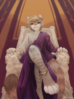 4_toes 5_fingers anklet anthro arm_markings bangs barefoot biped brown_eyebrows brown_markings brown_nose brown_stripes brown_tail_tip chair cheek_markings circlet claws closed_smile clothed clothed_anthro clothed_male clothing countershade_face countershade_fur countershade_neck countershading crown curly_hair dipstick_tail eyebrow_whiskers eyebrows facial_markings feet finger_claws fingers front_view fur fur_markings furniture gold_(metal) gold_anklet gold_circlet gold_crown gold_headgear gold_jewelry grey_body grey_claws grey_ears grey_feet grey_fur hair head_markings headgear humanoid_hands inner_ear_fluff iris jewelry leg_markings long_tail looking_at_viewer looking_down looking_down_at_viewer low-angle_view male male_anthro markings mouth_closed multicolored_body multicolored_fur on_chair on_throne orange_eyes paws pink_inner_ear pupils purple_clothing purple_toga ring_(marking) ringed_tail royalty shirt short_hair sitting sitting_on_chair sitting_on_throne slight_smile slim slim_anthro slim_male smile smiling_at_viewer solo striped_body striped_fur striped_markings striped_tail stripes tail tail_markings tan_body tan_fur tan_hair tan_tail throne toeless_(marking) toes toga topwear tuft whiskers white_body white_clothing white_countershading white_fur white_hands white_inner_ear_fluff white_neck white_sclera white_shirt white_toes white_topwear white_tuft white_whiskers qostine jeremy_maslin domestic_cat felid feline felis mammal english_description full-length_portrait hi_res portrait shaded signature