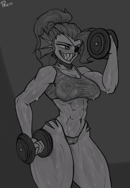 abs athletic athletic_female big_breasts bodily_fluids breasts camel_toe clothing excessive_sweat exercise eye_patch eyewear female fin genitals gills grin hair head_fin huge_thighs muscular muscular_female nipple_outline nipples non-mammal_breasts non-mammal_nipples ponytail sharp_teeth smile soaked solo sweat sweatdrop sweaty_abs sweaty_arms sweaty_breasts sweaty_clothing sweaty_genitalia sweaty_legs sweaty_thighs teeth thick_thighs topwear translucent translucent_clothing underwear weightlifting weights wet wet_clothing wet_topwear wet_underwear wide_hipped_female wide_hips workout phess undertale undertale_(series) undyne animal_humanoid aquatic aquatic_humanoid fish fish_humanoid humanoid absurd_res hi_res