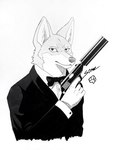 007 absurd_res anthro bad_trigger_discipline black_and_white black_tie_(suit) bow_(feature) bow_tie canid canine canis clothing fur gun handgun hi_res holding_gun holding_object holding_ranged_weapon holding_weapon james_bond james_wolf looking_at_viewer male mammal monochrome pistol ranged_weapon simple_background solo some_(someone) suit traditional_media_(artwork) weapon wolf